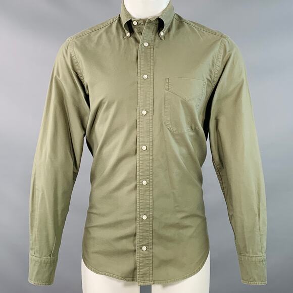 M Green Olive Cotton Button Down Collar One Pocket Long Sleeve Shirt - Picture 1 of 5